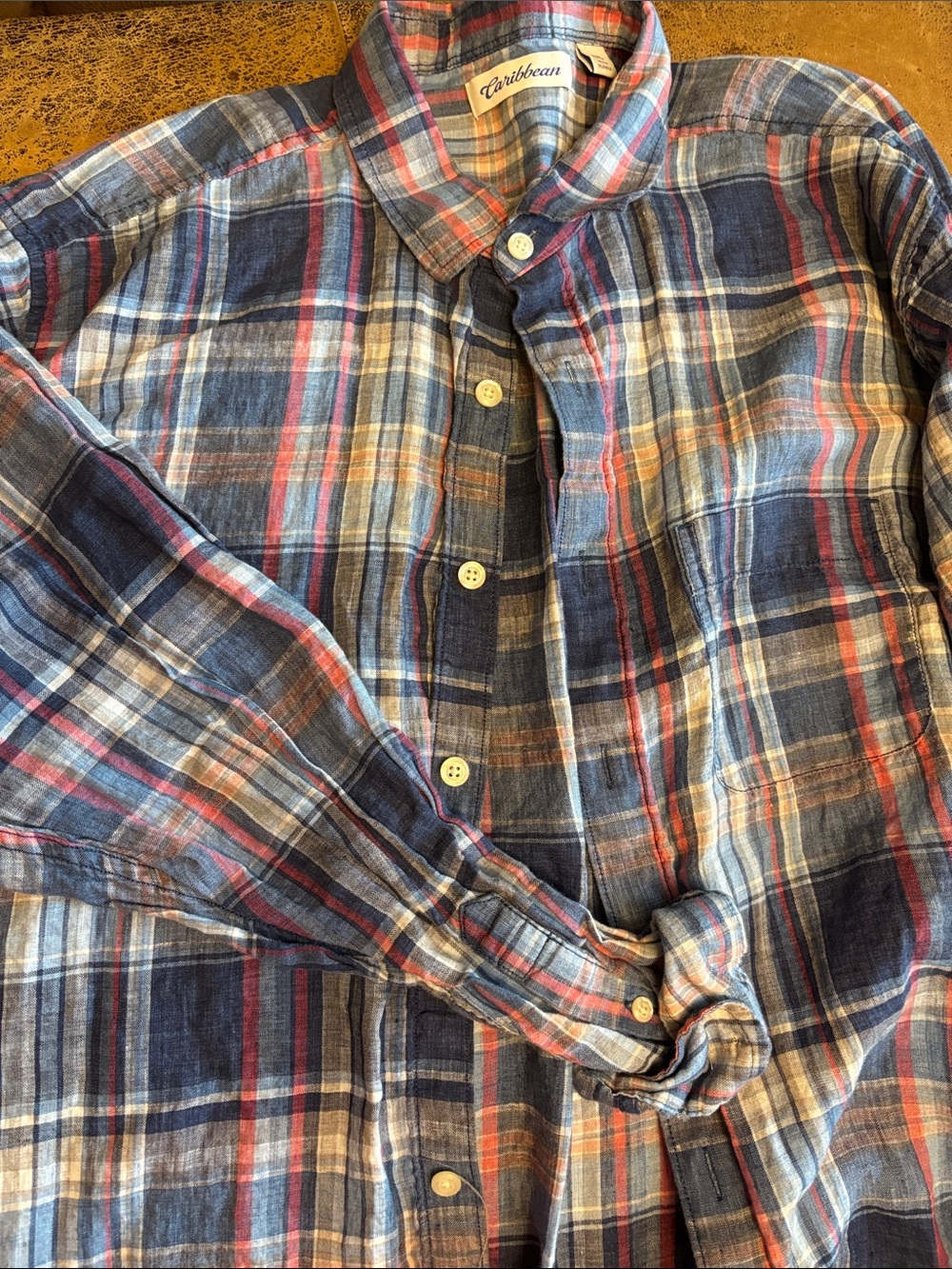 Caribbean 100% Linen Men's Navy and Pink Plaid Button-Down Shirt